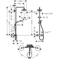 Hansgrohe Duschsystem Croma Select E 180 Mm Mit Thermostat Weiß-Chrom -Badezimmerbedarf Geschäft 7751726 2744 Masszeichnung