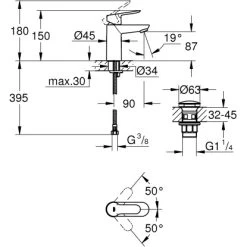 Grohe QuickFix Einhand-Waschbeckenarmatur Start Edge S-Size -Badezimmerbedarf Geschäft htischbatterie mazeichnung